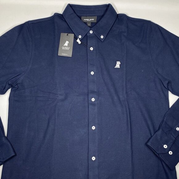 NEW JAMES BARK Mens Button Down Shirt Navy Blue Size L Pique Embroidered Logo - Picture 2 of 8